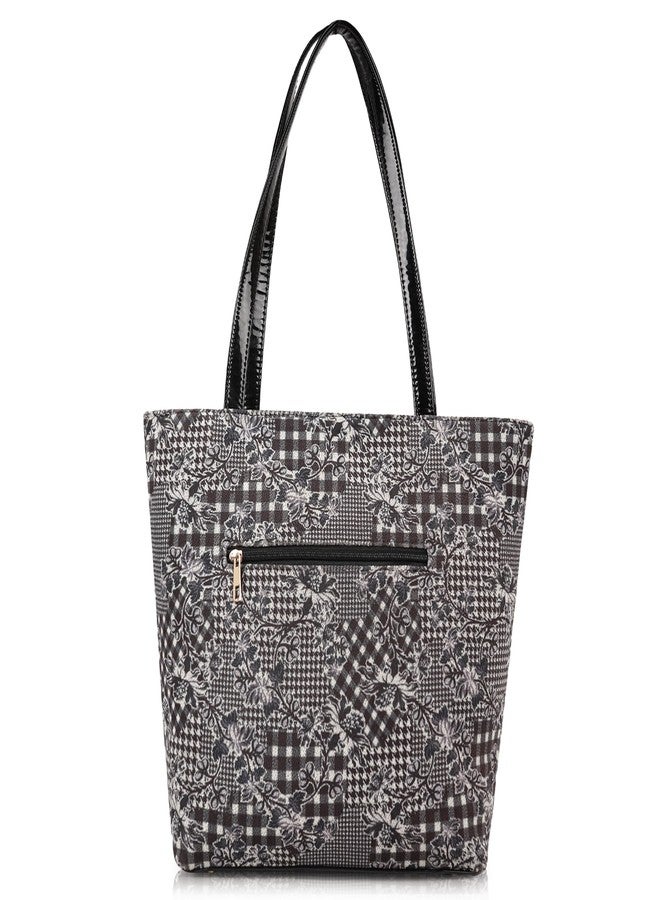 Daniel Clark حقيبة تسوق أنيقة من دانيال كلارك باللونين الأسود والأبيض بنقشة زهور مرقعة ومقابض لامعة (أسود) - Image 2